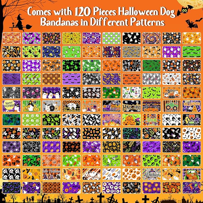 120Pcs Halloween Dog Bandanas Bulk Adjustable Dog Scarves Bibs Pumpkin Bat Ghost Puppy Bandanas Pet Neckerchief Washable Holiday Halloween Bandanas for Small Medium Large Dog Pet Grooming Accessories