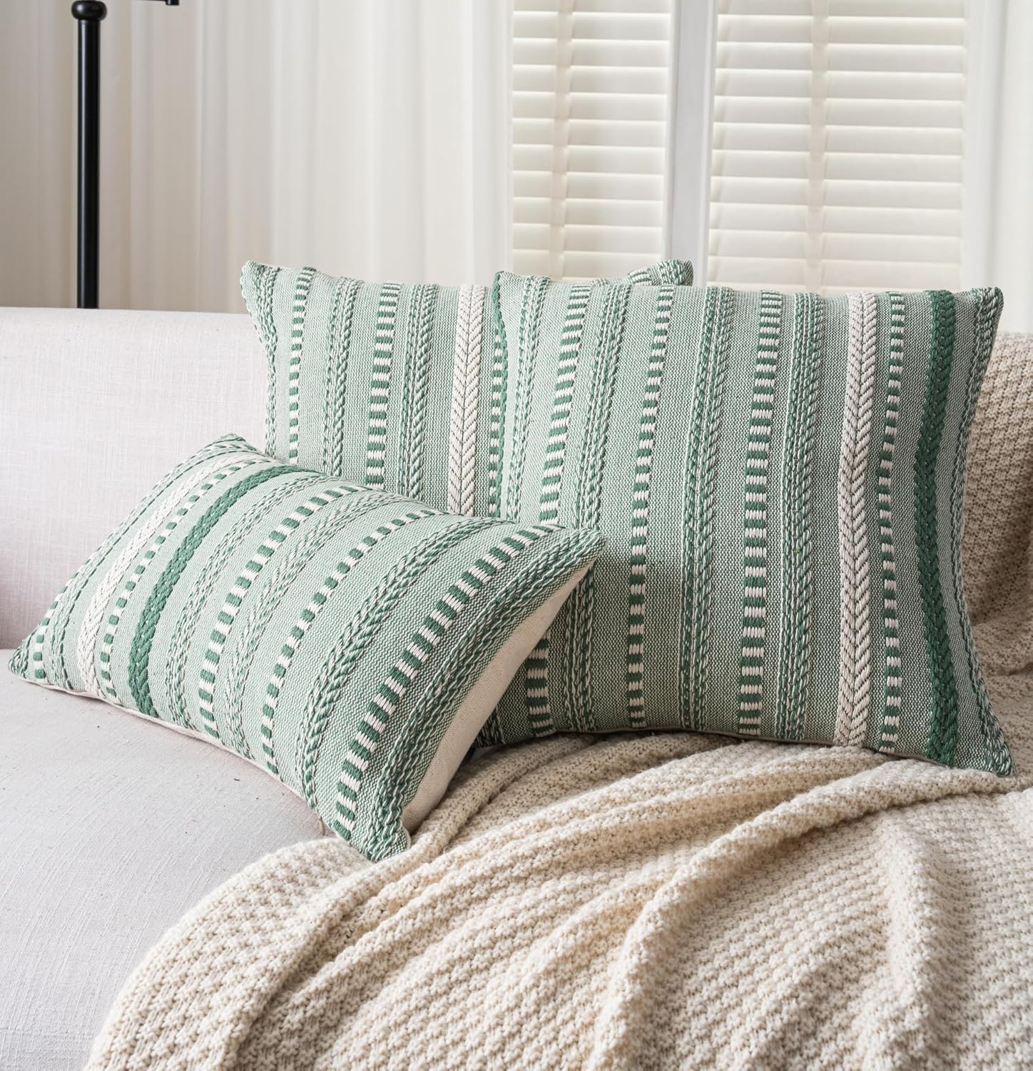 Boho Throw Pillow Covers 12x20 Inch Set of 2, Farmhouse Decorative Couch Pillow Cases, Light Green Accent Pillows of Bed, Sofa Bedroom Living Room Home Decor Cushion Cover