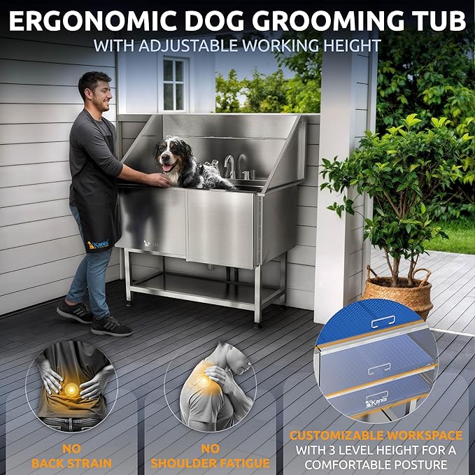 KANIS Professional Dog Washing Station - 304 Stainless Steel Pet Wash Sink & Grooming Bathtub w/Shower, Floor Grates and Storage for Large, Medium & Small Pets (50", Shelf - Right Ramp)