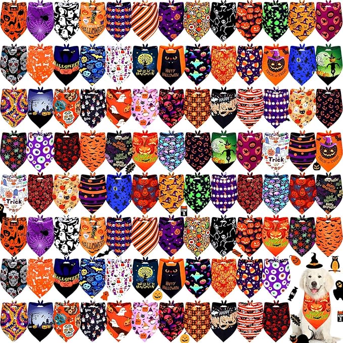 Newwiee 100 Pieces Halloween Dog Bandanas Bulk for Large Dogs Adjustable Triangle Bibs Scarf Halloween Skull Ghost Spider Pumpkin Bat Pet Costumes Scarf Holiday Accessories for Large Dog Puppy Cat