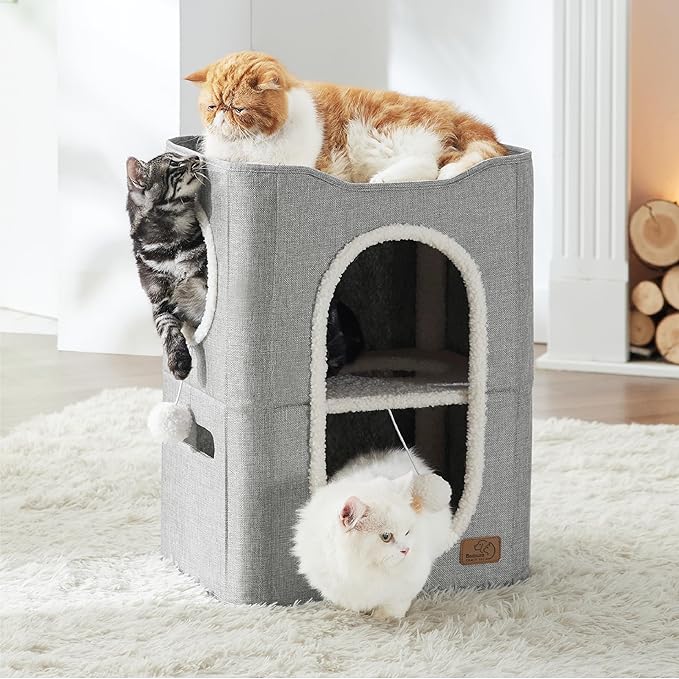 Bedsure 2 Story Cat House - Cat Condos for Indoor Cats with Scratch Pad and Fluffy Ball Hanging, Small Pet Cave Furniture Hideaway for Multi Pets, 18x14x23 inches, Grey