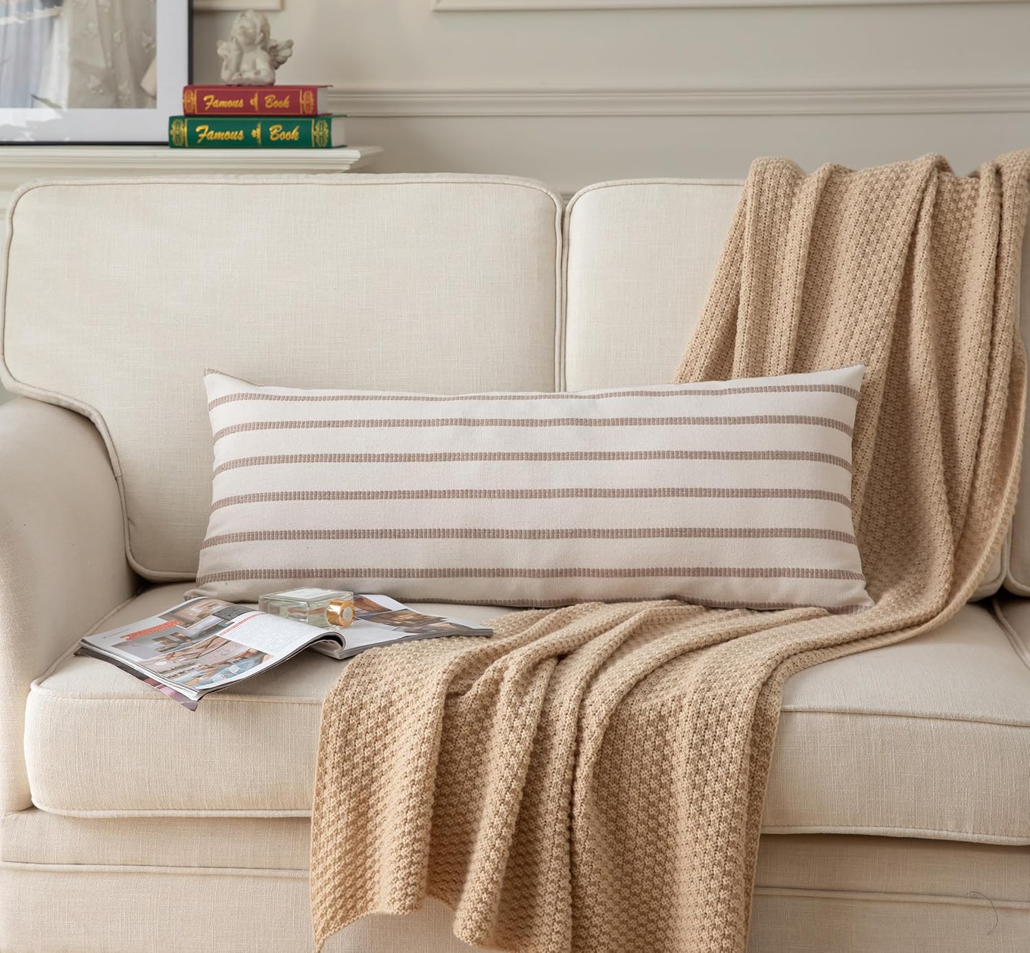 Caflife Boho Lumbar Throw Pillow Cover 14X36 Long Soft Farmhouse Decorative Couch Pillow Cases Beige Striped Body Pillow Covers Neutral Cushion Covers for Sofa Bed Living Room Home Decor Pack of 1