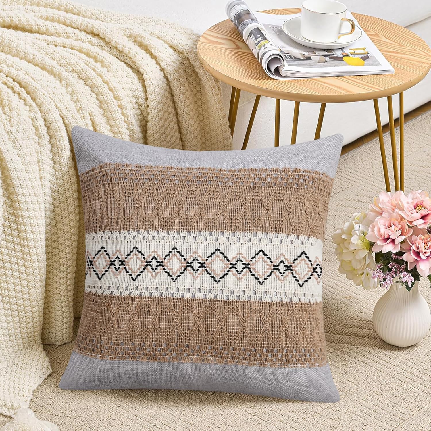 Pyonic Pack of 2 Boho Throw Pillow Covers 18x18 Inch Farmhouse Decorative Throw Pillows for Bed Sofa Living Room,Gray Modern Cushion Cover Couch Pillows Cover Home Decor