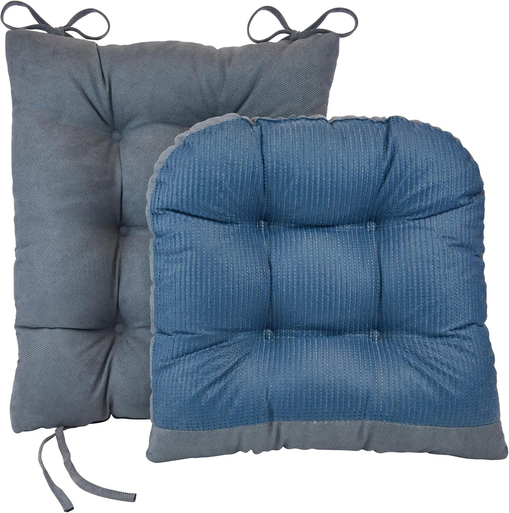 Klear Vu Omega Non-Slip Rocking Chair Cushion Set, Assembled in USA, Thick Padding & Tufted Design, Includes Seat Pad & Back Pillow with Ties, 17x17 Inches, 2-Piece Set, Twillo Bluestone