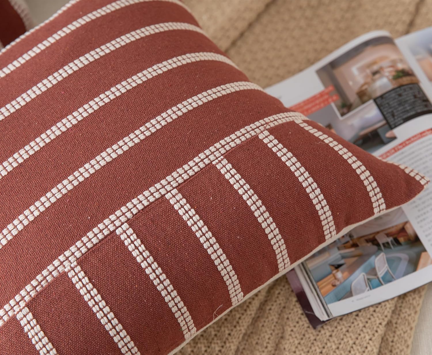Caflife Boho Throw Pillow Covers 20x20 Set of 2 Soft Farmhouse Decorative Couch Pillow Cases Rust Striped Pillow Covers Neutral Cushion Covers for Sofa Bed Living Room Home Decor