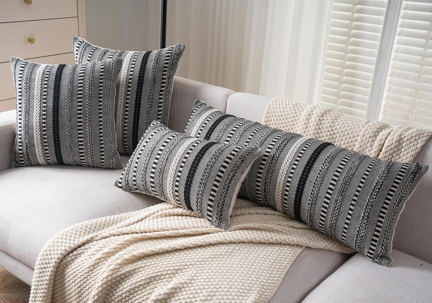 Boho Lumbar Pillow Covers 14x36 Long, Farmhouse Decorative Couch Pillow Cases, Black Accent Pillows of Bed, Sofa Bedroom Living Room Home Decor Cushion Cover, Pack of 1