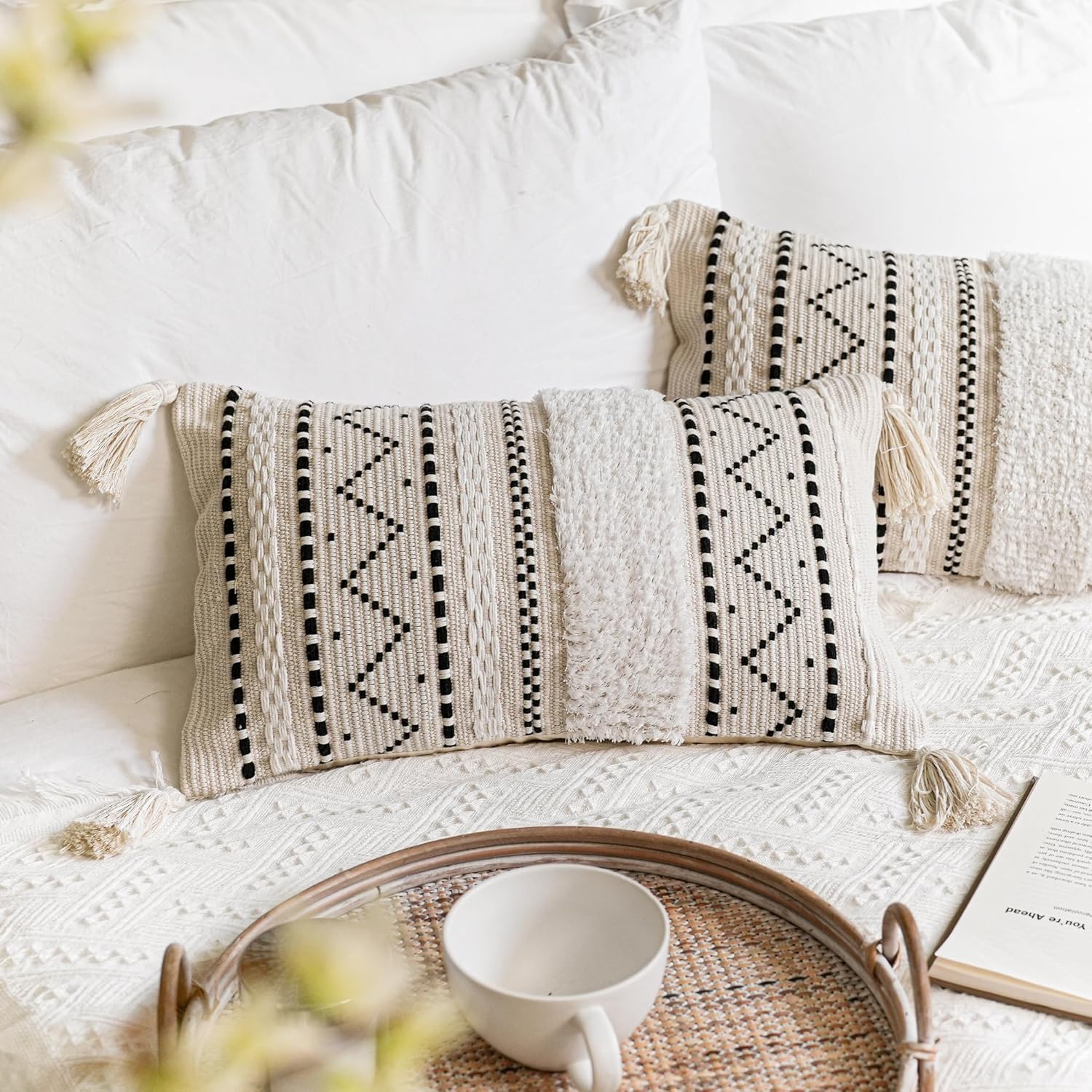 BlissBlush Decorative Lumbar Throw Pillow Cover 12x20 Combo Set of 2 Rectangular Boho Accent Pillowcase Black Neutral Farmhouse Cushion for Couch Sofa Bedroom Living Home Décor Cover ONLY