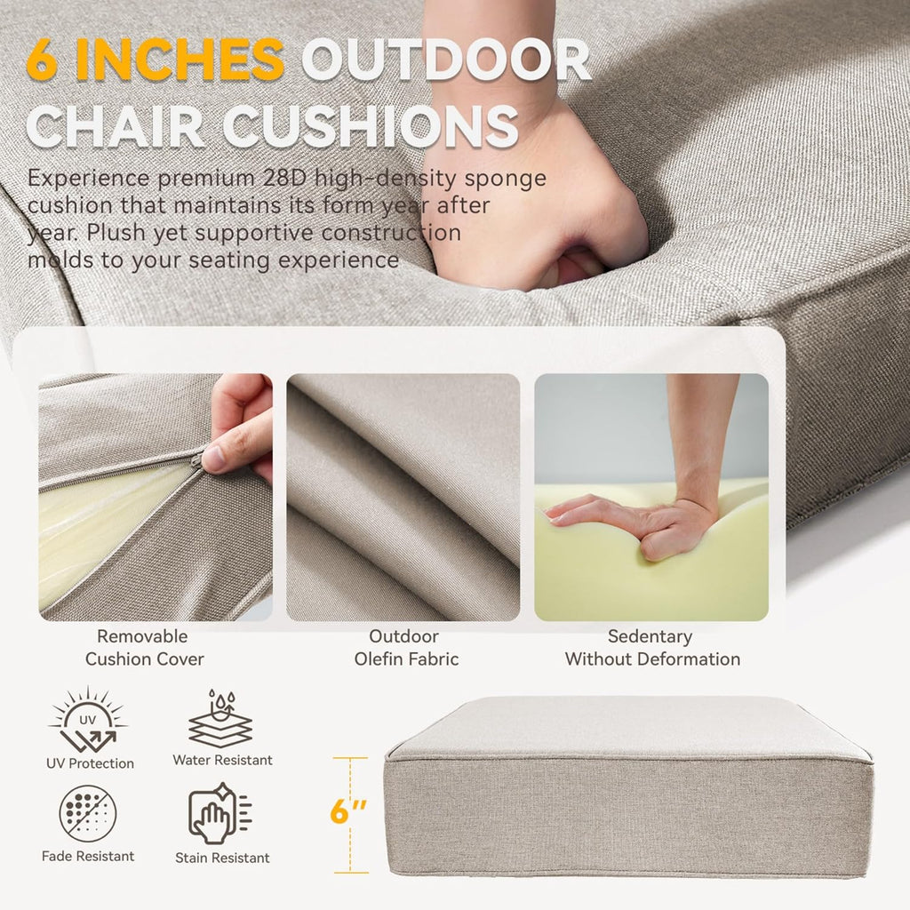 Outdoor Cushion Set for Furniture Patio Furniture, UV Resistant, Water Resistant - 6 Inch Thick Foam Garden Cushions– 24x24 Inch Patio Seat Covers for Chair/Sofa/Couch | Beige | 11-Pack |