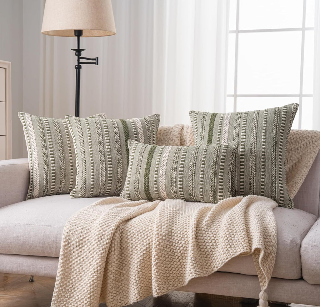 Boho Throw Pillow Covers 18x18 Inch Set of 2, Farmhouse Decorative Couch Pillow Cases, Green Accent Pillows of Bed, Sofa Bedroom Living Room Home Decor Cushion Cover
