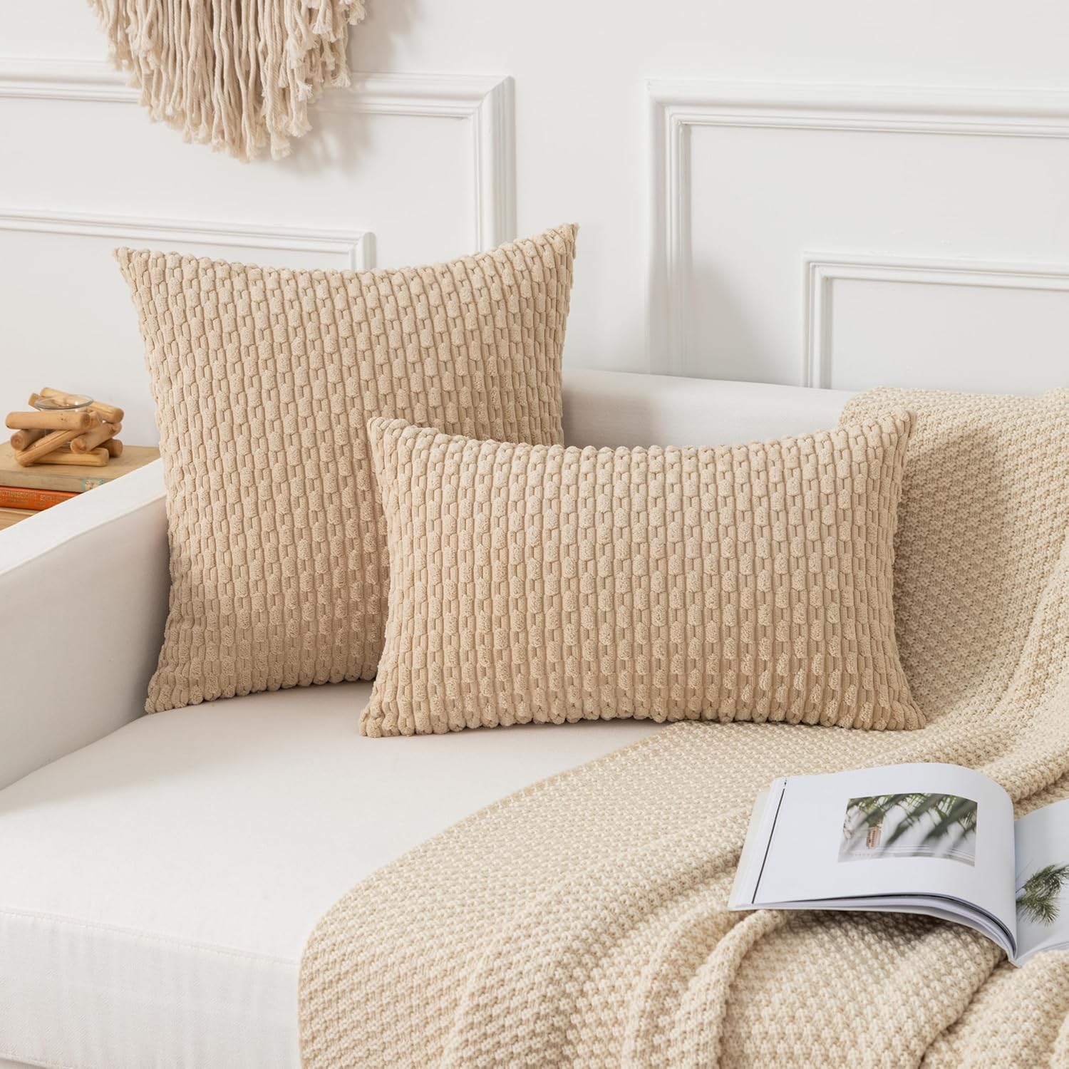 Kevin Textile 14x22 Inch Pillow Cover 1 Pack Boho Decorative Soft Striped Corduroy Lumbar Farmhouse Solid Color Accent Rectangle Cushion Case for Living Room Couch Sofa Bed, Beige