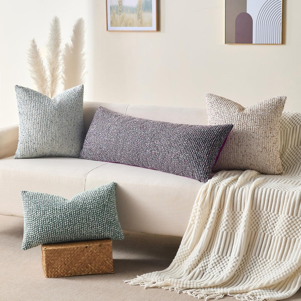 Decorative Lumbar Pillow Cover 14x36 Purple Striped Wool Long Body Pillow Neutral Textured Boho Lumbar Throw Pillow Cushion Covers for Modern Farmhouse Sofa Bed Living Room Decor SY011-E14