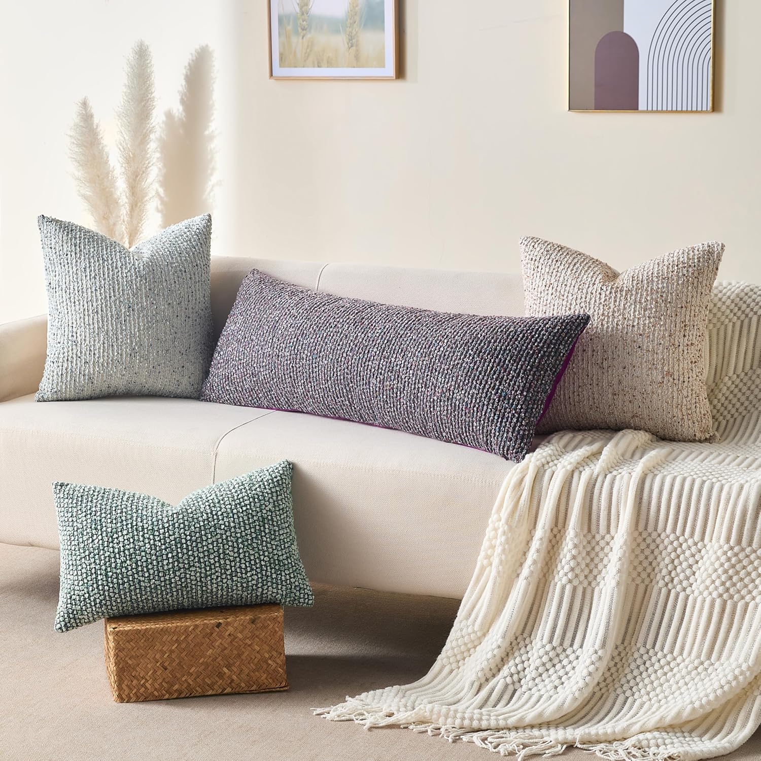 Decorative Lumbar Pillow Cover 14x36 Purple Striped Wool Long Body Pillow Neutral Textured Boho Lumbar Throw Pillow Cushion Covers for Modern Farmhouse Sofa Bed Living Room Decor SY011-E14