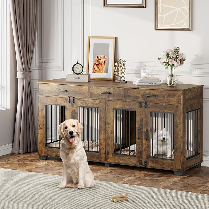 71'' Double Dog Crate Furniture, Large Dog Kennel Indoor with 3 Storage Drawers and Removable Divider for 2 Dogs, Heavy Duty Decorative Dog House TV Stand Side Table for Medium Large Dogs, Brown