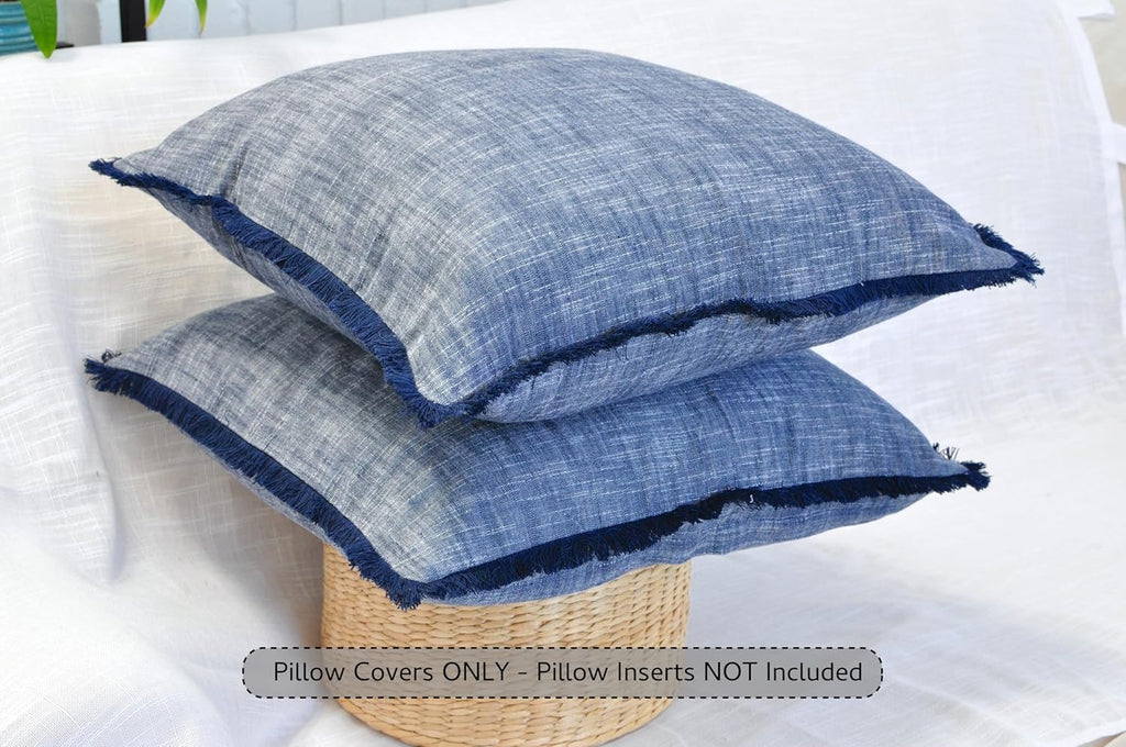 Set of 2 Textured Cotton Throw Pillow Covers with Decorative Fringe at Edges Farmhouse Cushion Cover with Tassels Linen Like Accent Pillowcases for Bed Couch Chair Sofa Living Room,16×16 Inch,Blue