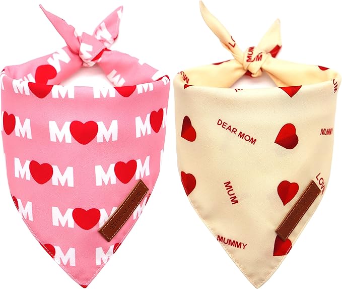 Realeaf Mothers Day Dog Bandanas 2 Pack, Reversible I Love My Mom Pet Scarf for Boy and Girl, Premium Durable Fabric, Valentines Day Bandana for Medium Large Dogs (Large)