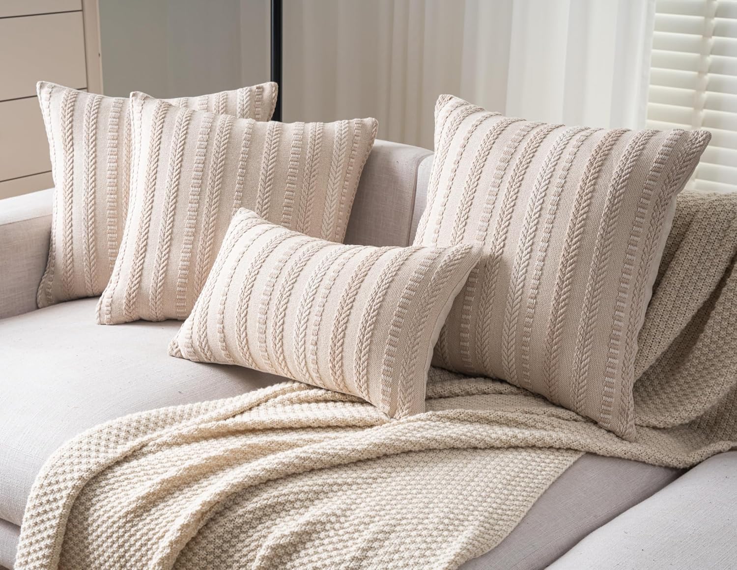 Boho Throw Pillow Covers 12x20 Inch Set of 2, Farmhouse Decorative Couch Pillow Cases, Beige Accent Pillows of Bed, Sofa Bedroom Living Room Home Decor Cushion Cover