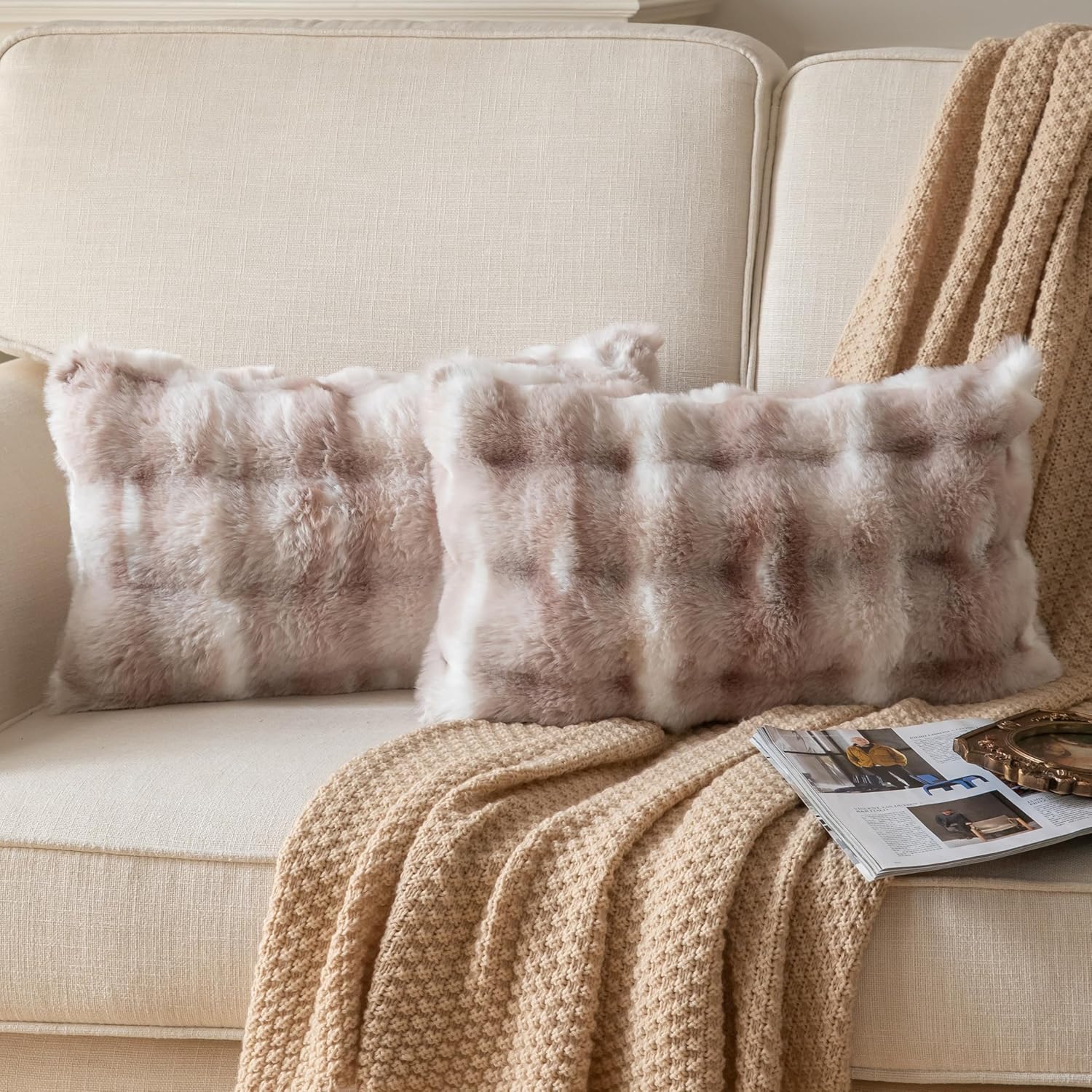 Pack of 2 Thick Plush Throw Pillow Covers Fluffy Wave Faux Fur Decorative Cushion Covers Soft Wool Pillowcase for Sofa Couch Livingroom 12x20 Inch White Taupe