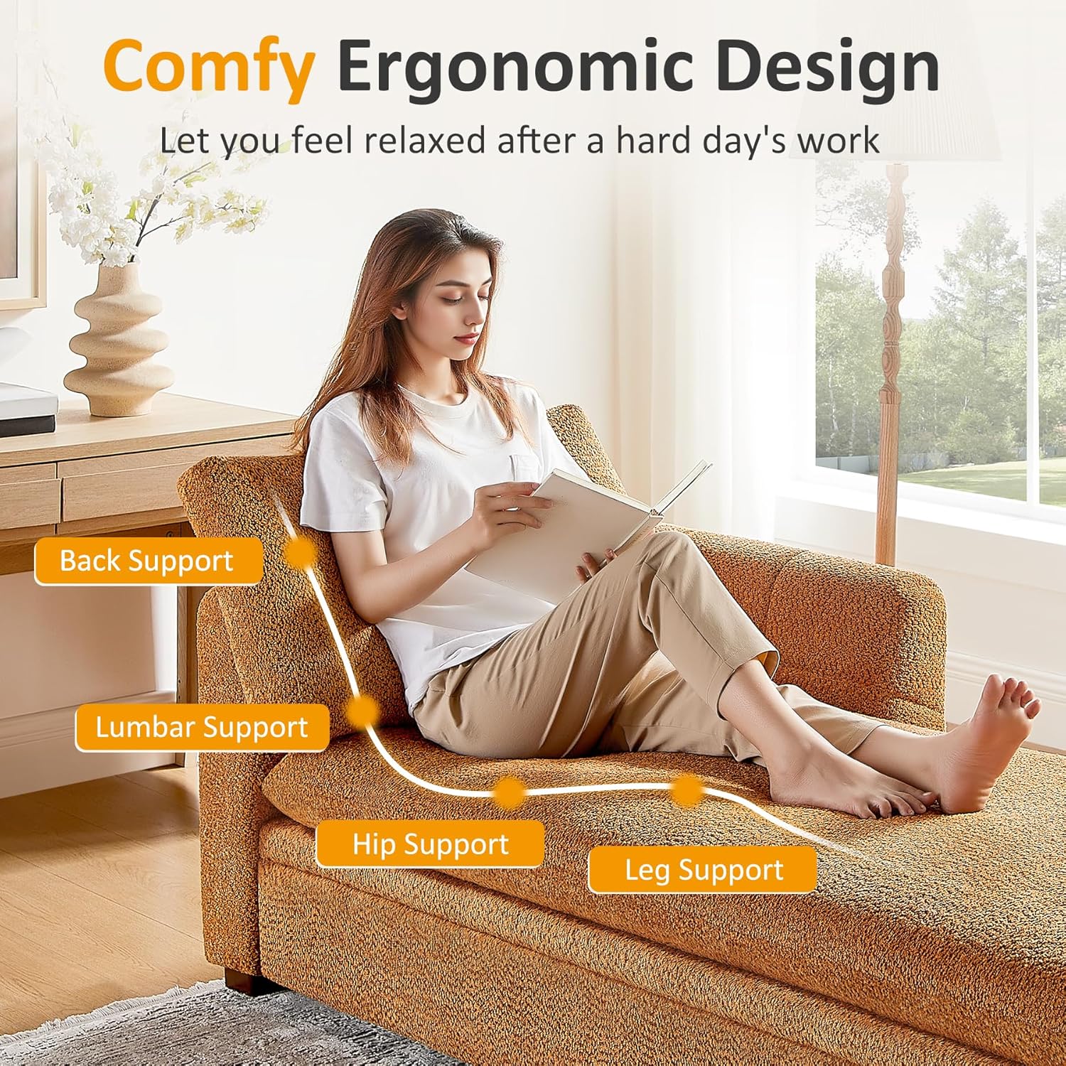 VANOMi Oversized 70.47'' Chaise Lounge Chair Indoor with Storage Space, Modern Upholstered Sofa Bed with Thick Cushion and Left Armrest, Boucle Leisure Recliner for Living Room, Bedroom, Office, Curry