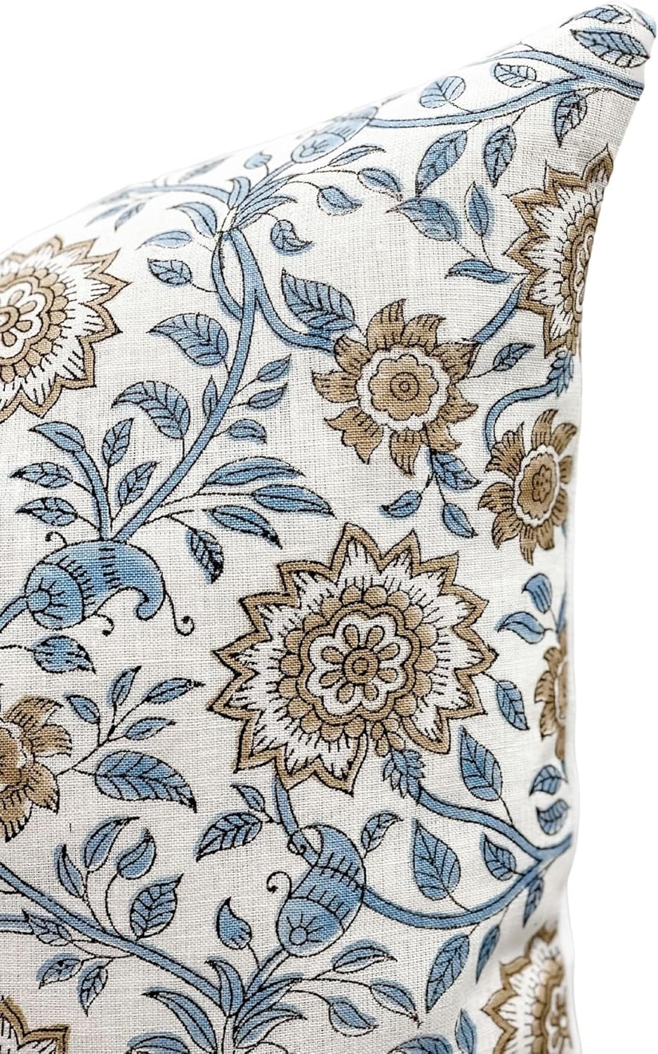 Designer Floral Print on Off White Linen Pillow Cover, Blue and Beige Pillow, Boho Décor Pillow, Decorative Throw Pillow Covers, Neutral Decor (Light Blue, 12x48)