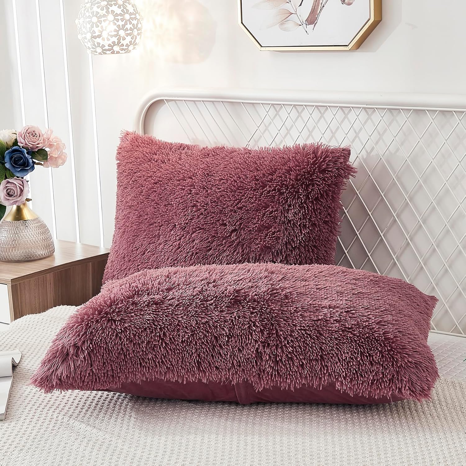 Uhamho Set of 2 Standard Pillowcases Faux Fur Throw Pillow Covers Queen Size Shams Soft Velvet Decorative Zipper Closure (Dusty Rose, 20"x26")