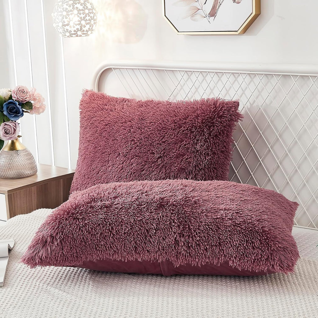 Uhamho Set of 2 Pillowcases Faux Fur Throw Pillow Covers King Size Shams Soft Velvet Decorative Zipper Closure (Dusty Rose, 20"x36")