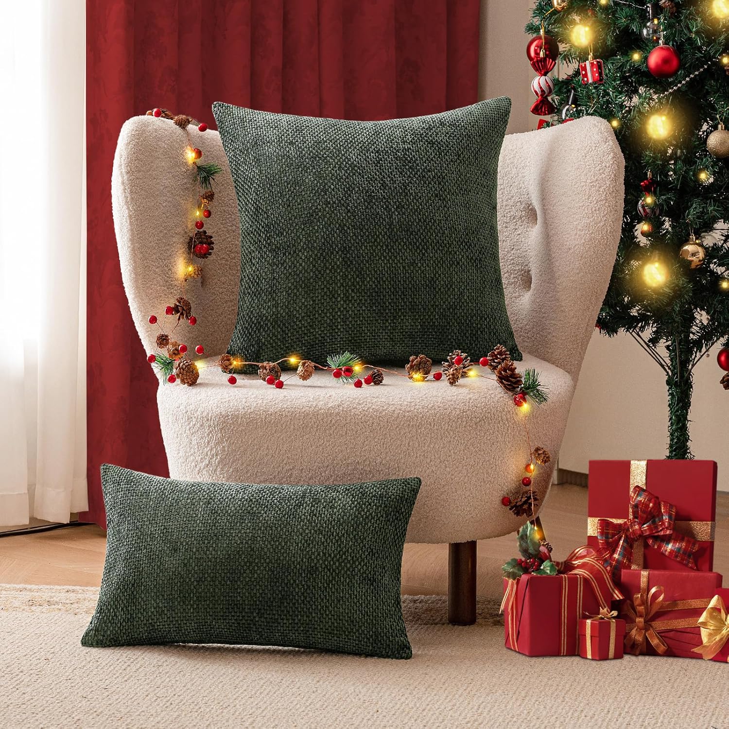 a moment Christmas Dark Green Chenille Throw Pillow Covers 12x20 Inch Pack of 2 Modern Decorative Throw Pillow Covers Farmhouse Cross Covers Home Decor for Sofa Bedroom Living Room