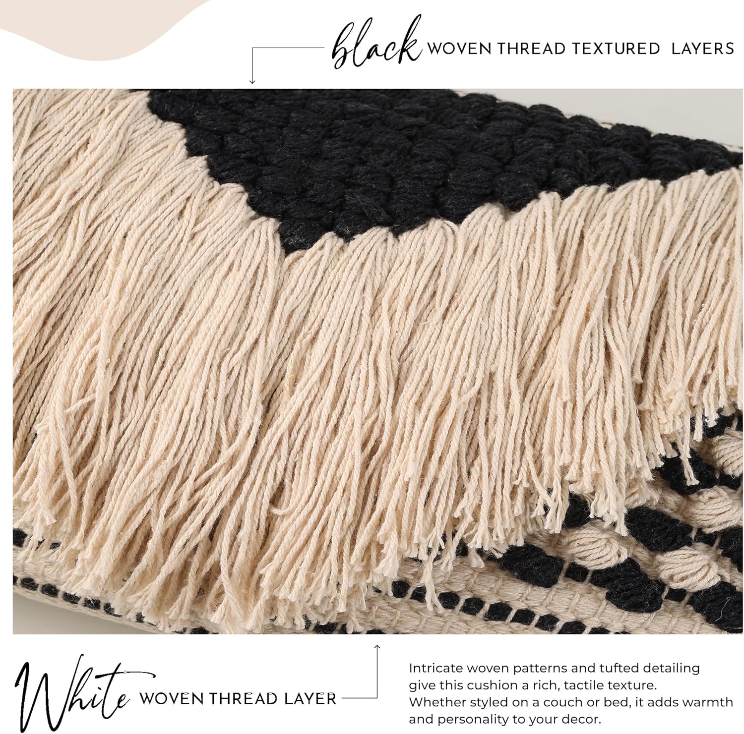 Decorative Boho-Chic Pillow Cover Handwoven Tufted Cotton Accent Pillows, Neutral Throw Cushion for Couch, Sofa or Bed, Farmhouse & Bohemian Home Decor, Trendy USA Design (Black Lumbar 12x20)