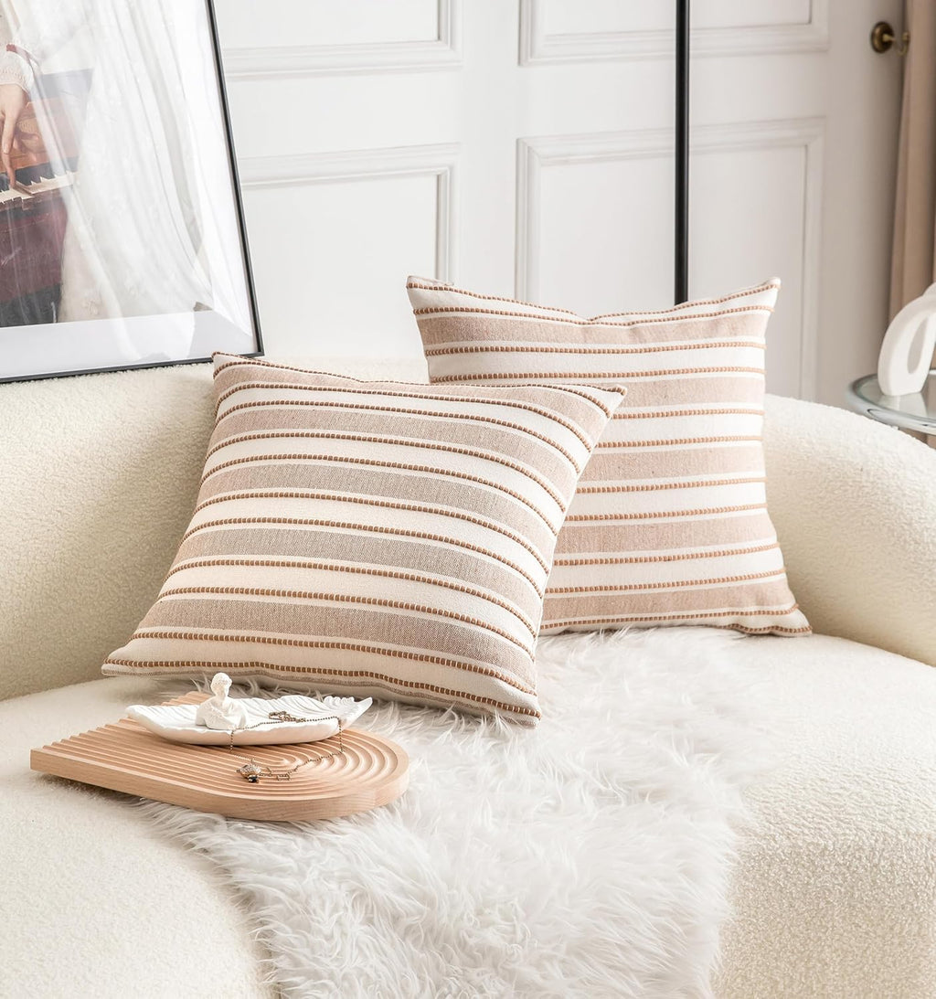 Decorative Boho Throw Pillow Covers, Farmhouse Textured Pillow Case, 18 x 18 Inch Set of 2, Chair Sofa Bedroom Living Room Home Decor Couch Cushion Case, Brown and Beige Striped