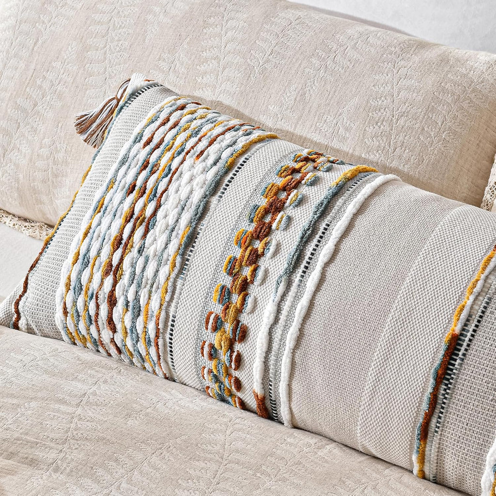 AmHoo Chenille Striped Textured Boho Throw Pillow Covers Aesthetic with Tassels Woven Decorative Pillow Case for Couch Bed Sofa Bedroom Modern Funky 14 x 36-Inch Brown