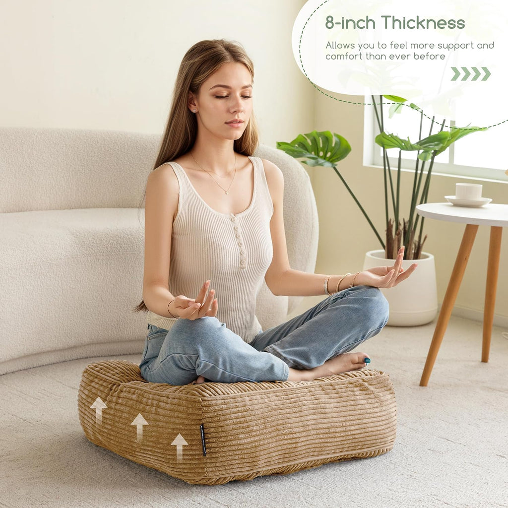 8" Washable Floor Pillow Cushion for Adults, Meditation Cushion Pillow, Large Square Floor Sitting, Removable Tufted Corduroy Cover, for Tatami Living Room or Yoga, 22x22 Inch, 2Pack, Machine Washable