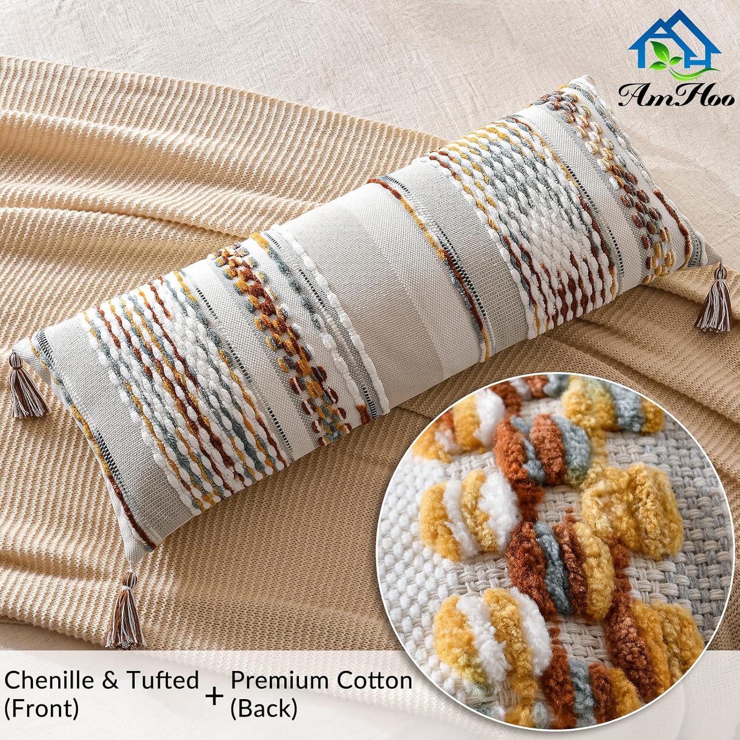 AmHoo Chenille Striped Textured Boho Throw Pillow Covers Aesthetic with Tassels Woven Decorative Pillow Case for Couch Bed Sofa Bedroom Modern Funky 14 x 36-Inch Brown