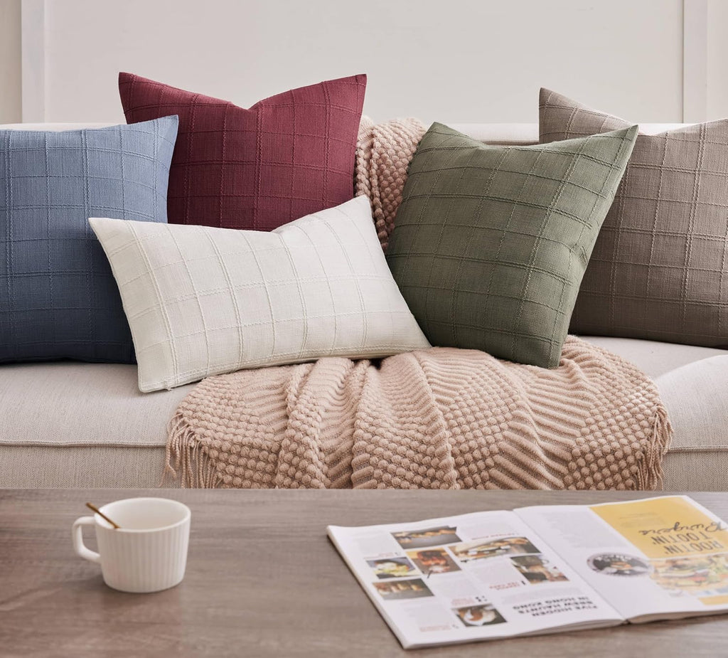 ZeeMart Linen Checked Throw Pillow Covers Set of 2, 20x20 Inch Allover Grid Ivory, Farmhouse Decorative Double Sided Grid Embroidered Couch Pillow Cases Off White Cotton Linen Cushion Covers