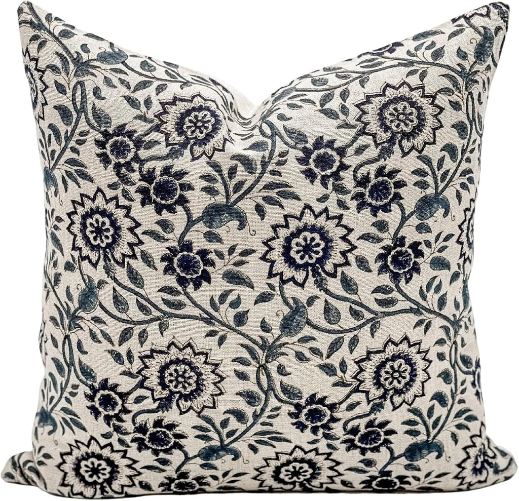 Designer Floral Print on Natural Linen Pillow Cover, Blue Pillow, Boho Pillow Cover, Decorative Throw Pillow, Navy Blue Pillow Cover, Dark Blue Pillow Cover (Navy Blue, 10x14)
