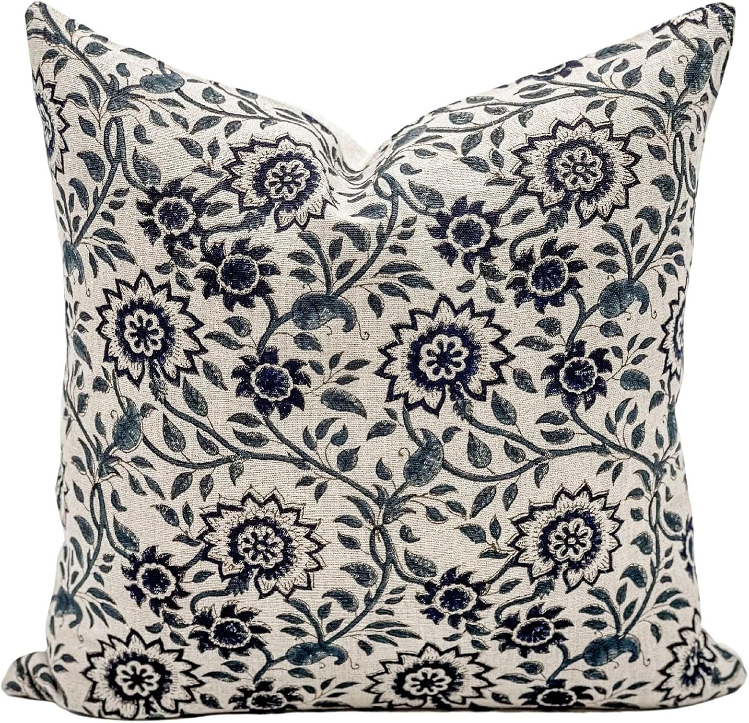 Designer Floral Print on Natural Linen Pillow Cover, Blue Pillow, Boho Pillow Cover, Decorative Throw Pillow, Navy Blue Pillow Cover, Dark Blue Pillow Cover (Navy Blue, 12x48)