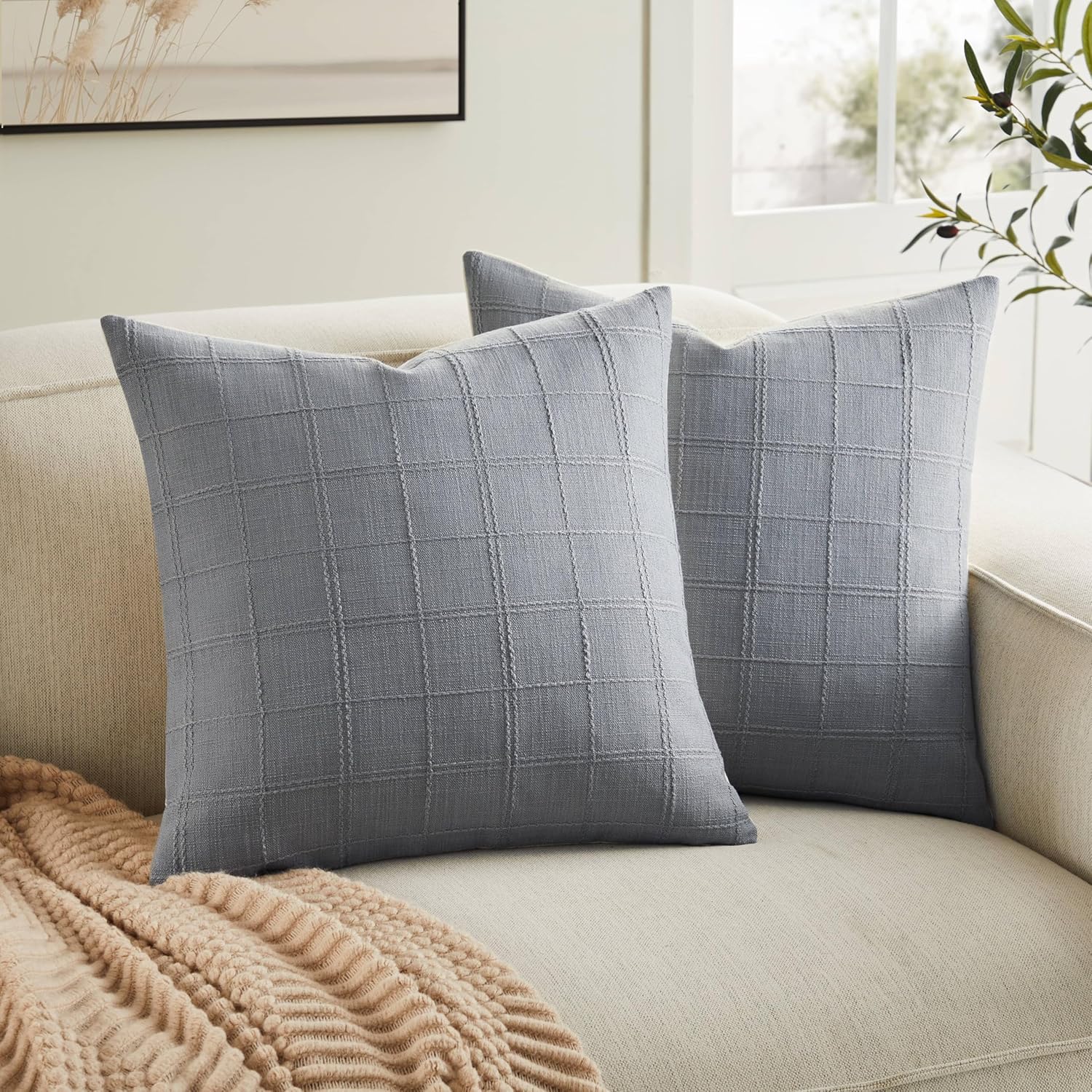 ZeeMart Linen Checked Throw Pillow Covers Set of 2, 24x24 Inch Blue Ashes/Cream, Farmhouse Decorative Single Sided Grid Embroidered Couch Pillow Cases Blue Grey Cotton Linen Cushion Covers