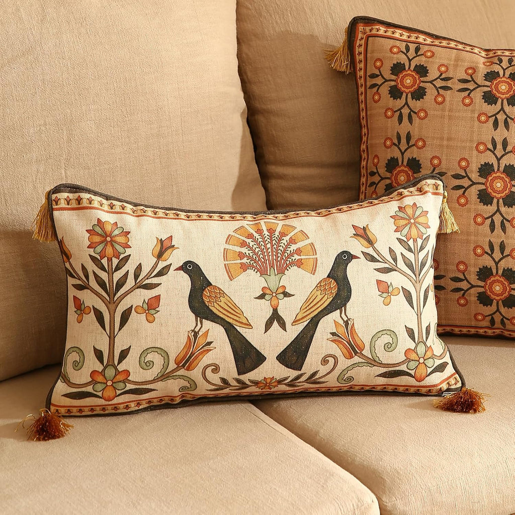 Brown Throw Pillow Covers,Floral Farmhouse Birds Flower Pattern Linen Accent Pillows Cover for Couch,Decorative Lumbar Pillows for Couch Sofa Bed Chair Cushion Covers 12"x20"