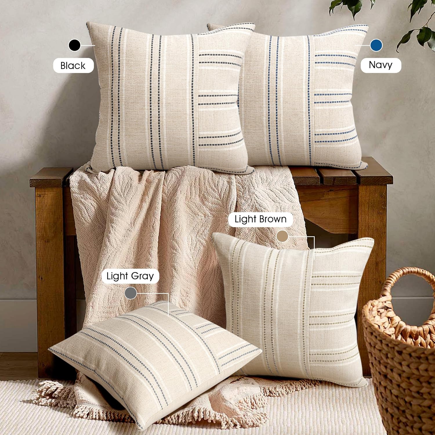 AELS 22x22 Decorative Farmhouse Linen Throw Pillow Covers, Boho Textured Pillow Case, Set of 2, Beige with White & Black Stripe Patchwork Cushion Cover for Sofa Couch Living Room (Cover ONLY)