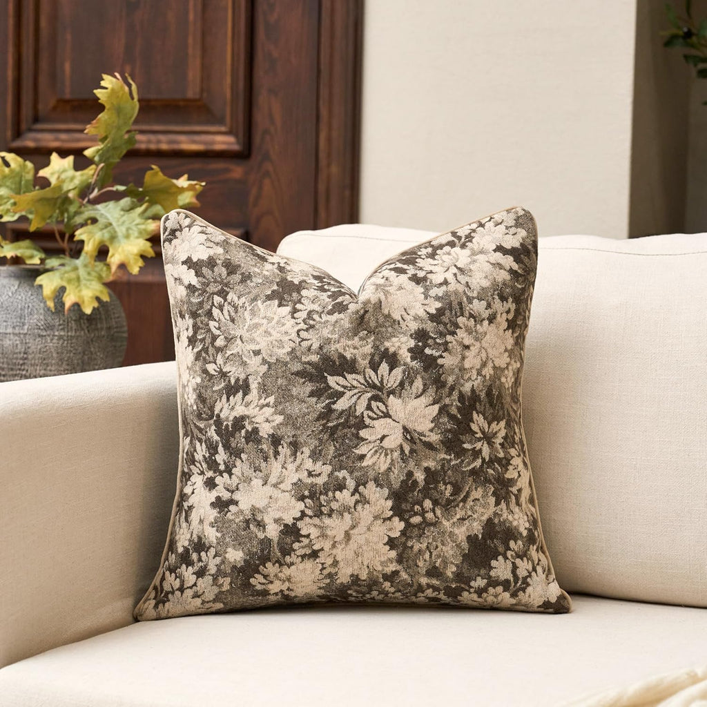 Yangest Neutral Floral Pillow Cover 24 x 24 Inches, Vintage Chenille Square Throw Pillow Cover Soft Decorative Farmhouse Accent Couch Pillow Cover for Living Room Bedroom, Grey