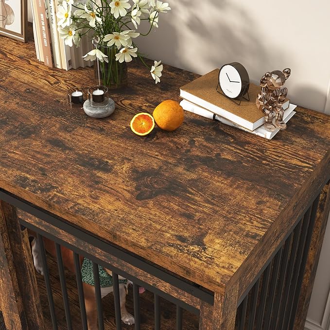 87In Farmhouse Dog Crate TV Stand, Wooden Dog Kennel Furniture with Sliding Metal Mesh Barn Door, Large Dog Crate Furniture for 2 Dogs, Solid Metal Tube & 2 Lockable Doors, Rustic Brown