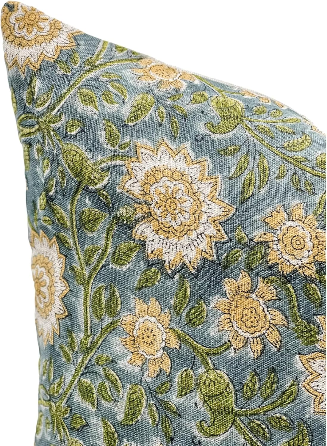 Designer Floral on Natural Linen Pillow Cover | Blue Green and Mustard Pillow Cover | Boho Décor Pillow Cover | Decorative Throw Pillow Covers (Blue Green & Mustard, 12x48)