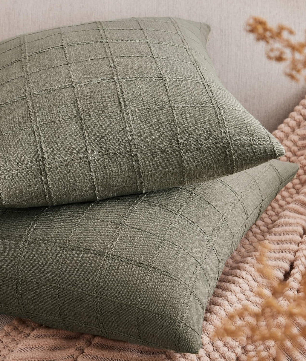 ZeeMart Linen Checked Throw Pillow Covers Set of 2, 22x22 Inch Allover Grid Olive, Farmhouse Decorative Double Sided Grid Embroidered Couch Pillow Cases Green Cotton Linen Cushion Covers