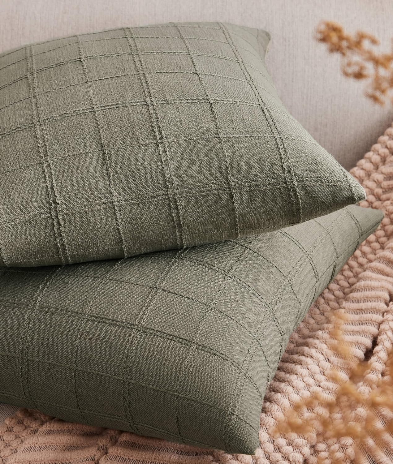 ZeeMart Linen Checked Throw Pillow Covers Set of 2, 20x20 Inch Allover Grid Olive, Farmhouse Decorative Double Sided Grid Embroidered Couch Pillow Cases Green Cotton Linen Cushion Covers