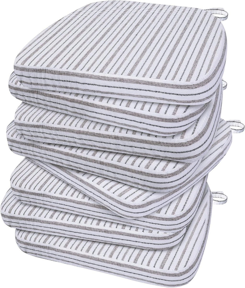 AAAAAcessories D-Shaped Chair Cushions, 2" Thick Dining Chair Pads with Ties and Removable, Machine-Washable Cover, 17" x 16", Set of 8, Pinstripe Brown