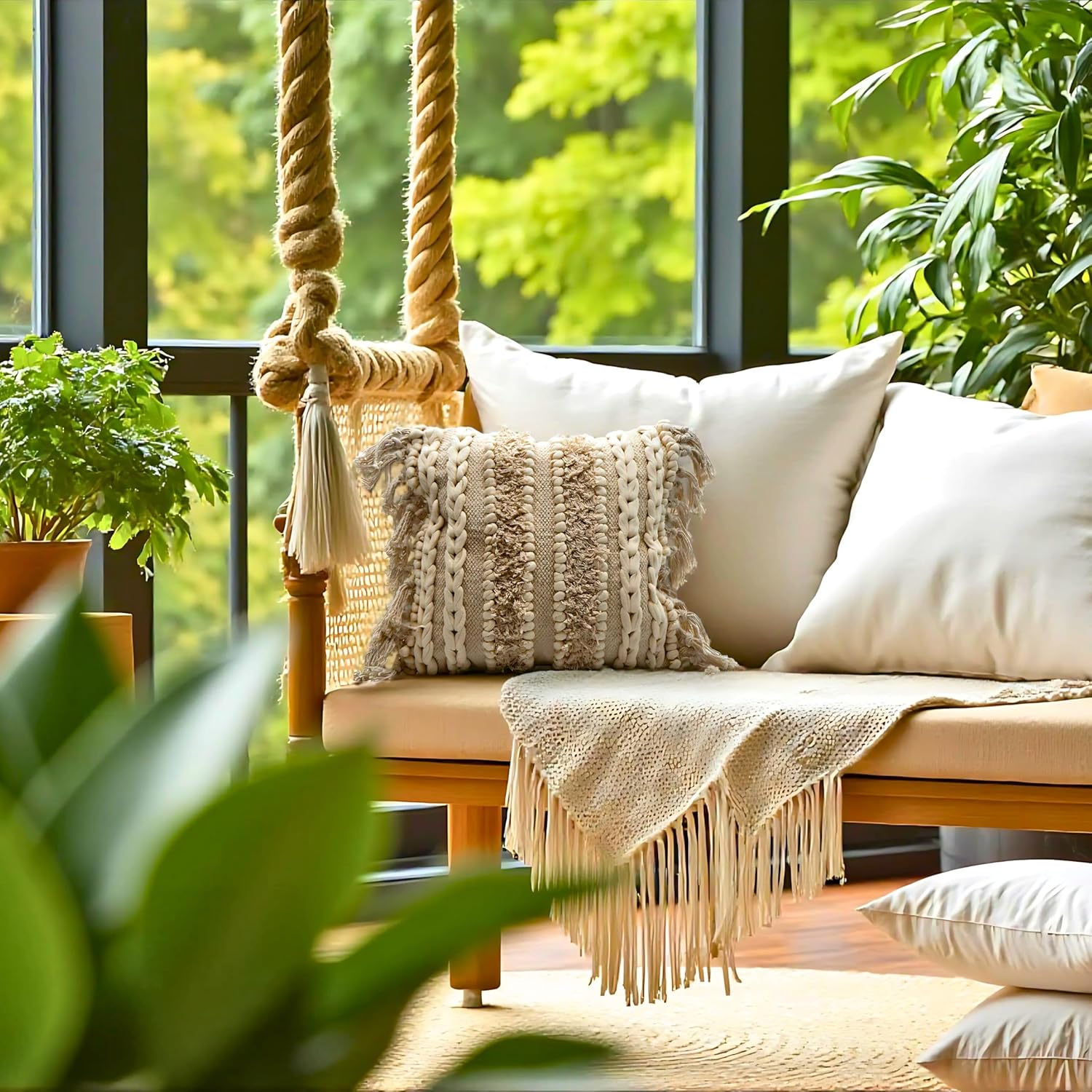 Decorative Boho-Chic Square Pillow Cover 18x18 Handwoven Tufted Braided Cotton Accent Pillows, Neutral Throw Cushion for Couch, Sofa or Bed, Farmhouse & Bohemian Home Decor, Trendy USA Design