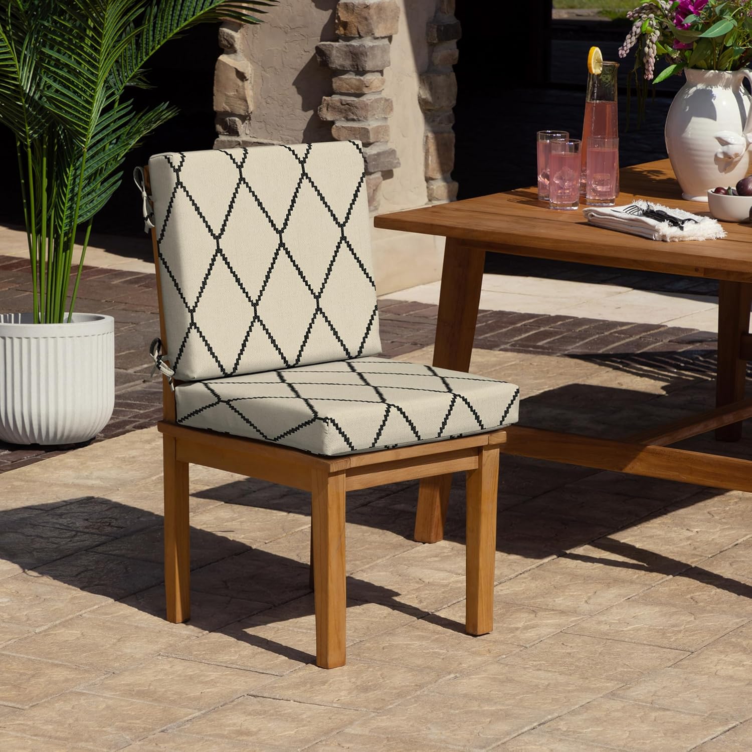 Arden Foam Outdoor Dining Chair Cushion, 20 x 20, Made with ProFoam, Rain-Proof, Fade Resistant, Tan Diamond Trellis