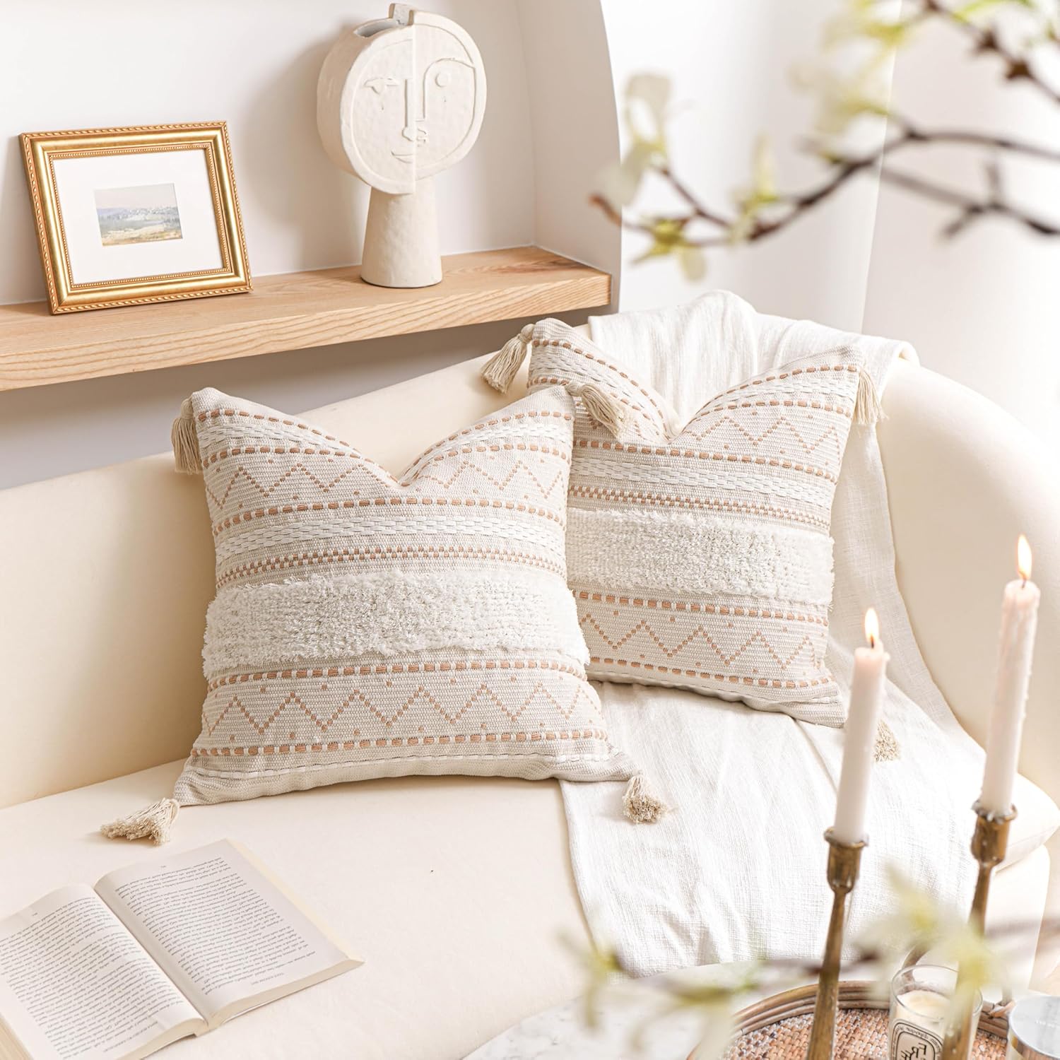 BlissBlush Decorative Throw Pillow Cover 18X18 Combo Set of 2 Square Cream Neutral White Boho Accent Pillowcase Tassels Farmhouse Cushion for Couch Sofa Bedroom Living Room Home Décor Cover ONLY