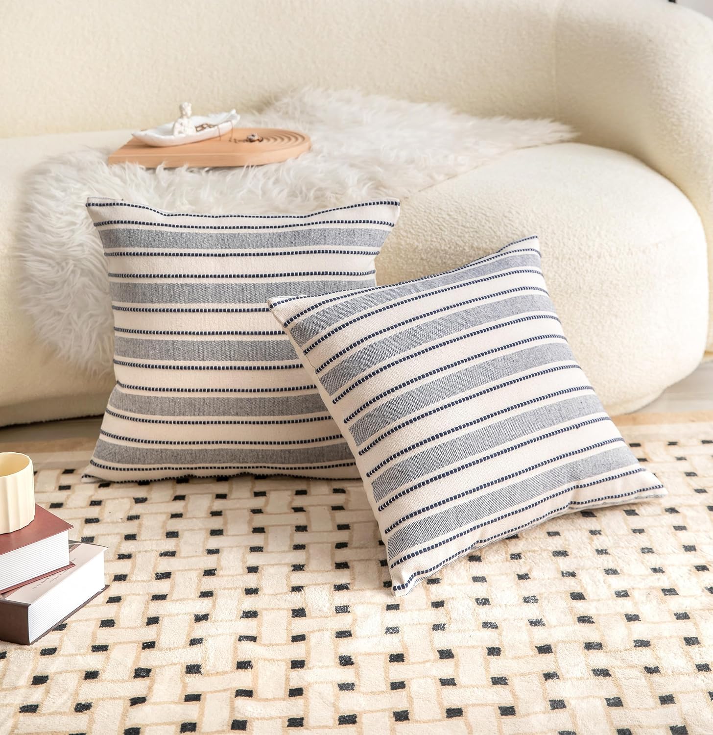 Decorative Boho Throw Pillow Covers, Farmhouse Textured Pillow Case, 22 x 22 Inch Set of 2, Chair Sofa Bedroom Living Room Decor Couch Cushion Case, Navy Blue and Beige Striped