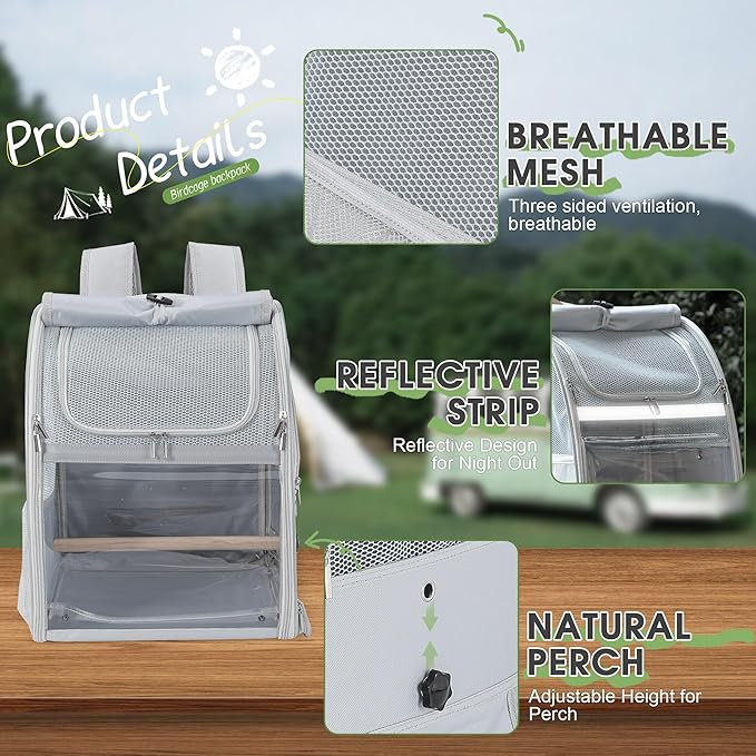 Sanmoncare Bird Carrier Backpack, Water Repellent Fabric Cockatiel Travel Bag with Stand, Lightweight and Portable Travel Cage for Parrot, Bird Travel Carrier