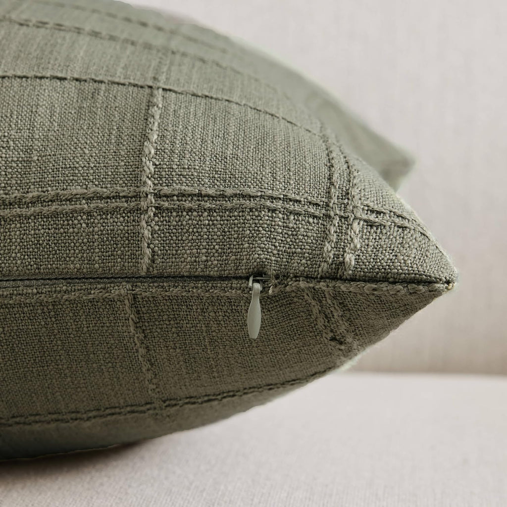 ZeeMart Linen Checked Throw Pillow Covers Set of 2, 22x22 Inch Allover Grid Olive, Farmhouse Decorative Double Sided Grid Embroidered Couch Pillow Cases Green Cotton Linen Cushion Covers
