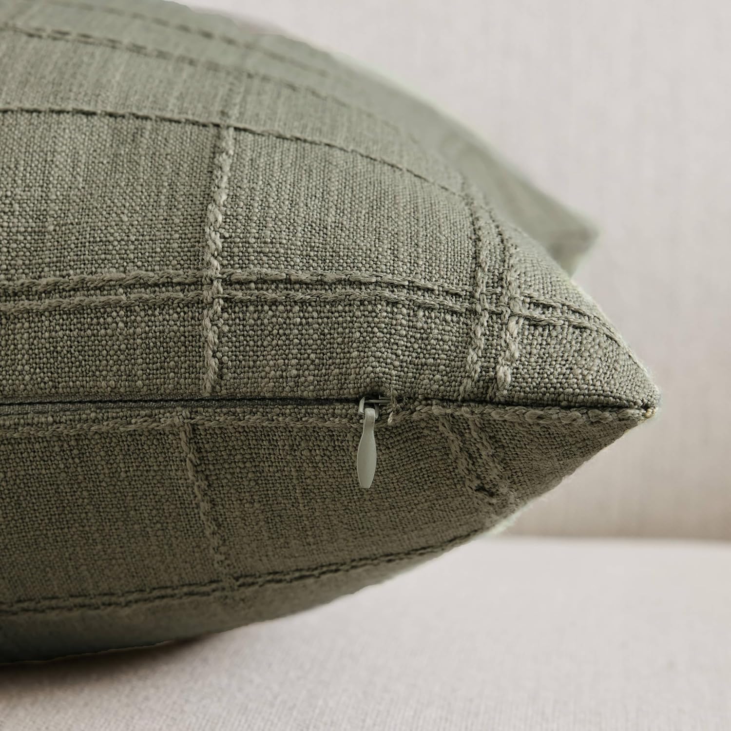 ZeeMart Linen Checked Throw Pillow Covers Set of 2, 20x20 Inch Allover Grid Olive, Farmhouse Decorative Double Sided Grid Embroidered Couch Pillow Cases Green Cotton Linen Cushion Covers